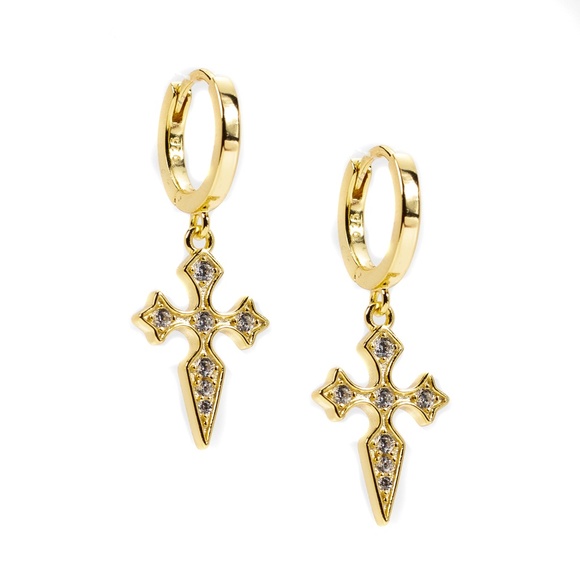 Cross Dangle Mens Iced Gold 925 Sterling Silver Huggie Dagger Hoop Earrings - Picture 1 of 6